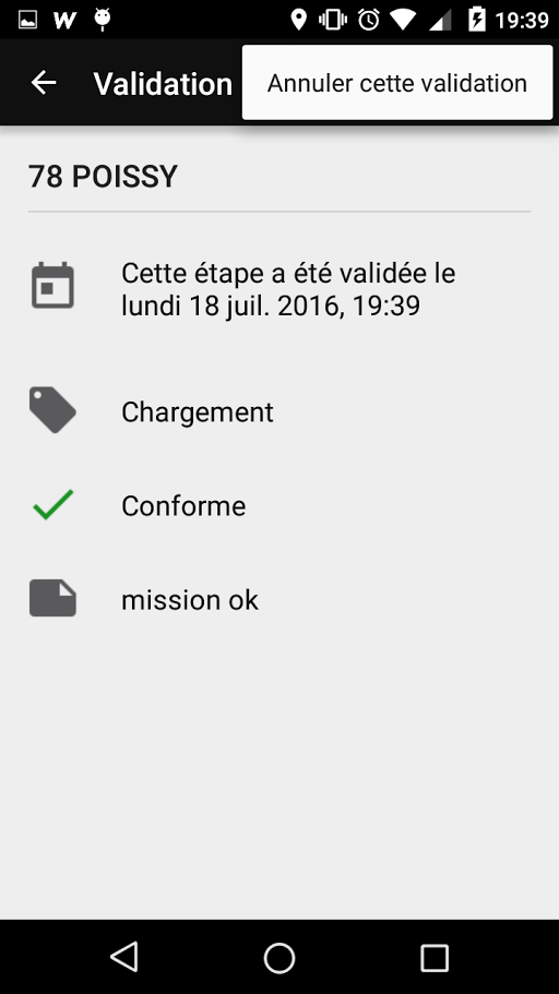 WP_MOBILE: Écran de d’annulation de validation